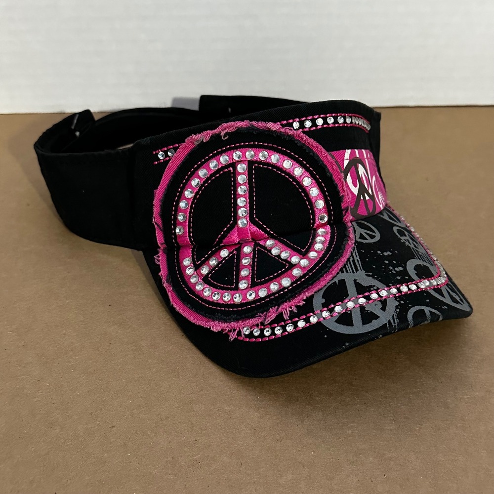 Cowgirl Sun Visor Womens OSFM Black Pink Rhinestone Peace Sign Good Y2K Bling